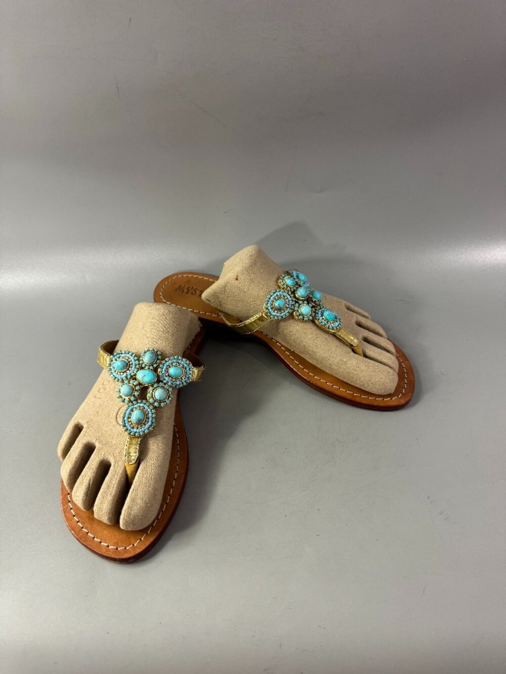 Mystique Turquoise Stones Beaded Jeweled Leather Sandal, Size 9